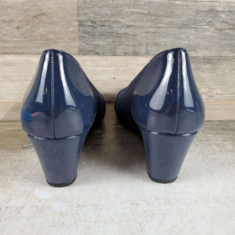 LifeStride Juliana Womens Wedge Pumps Sz 8 N Navy Stretch Patent Leather Cap Toe